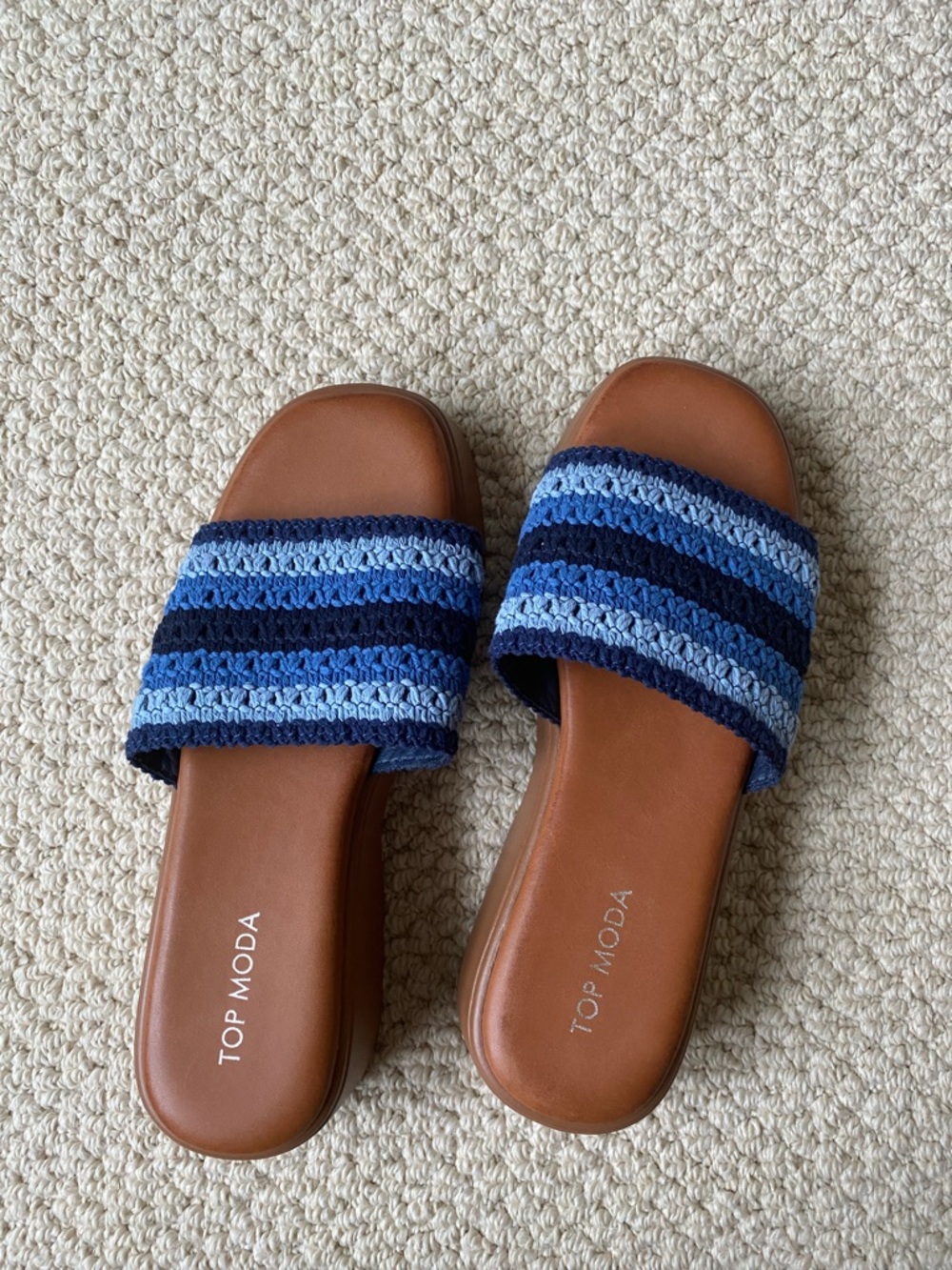 TOP Moda Brown Slide Sandals with Blue Crochet Straps